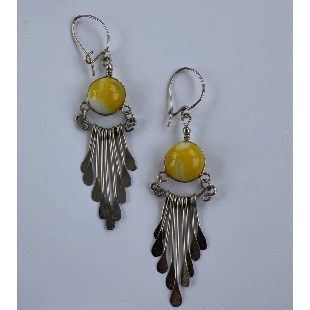 Vtg Silver Paddle Fringe Dangle Earrings w/Yellow Glass Bead Boho